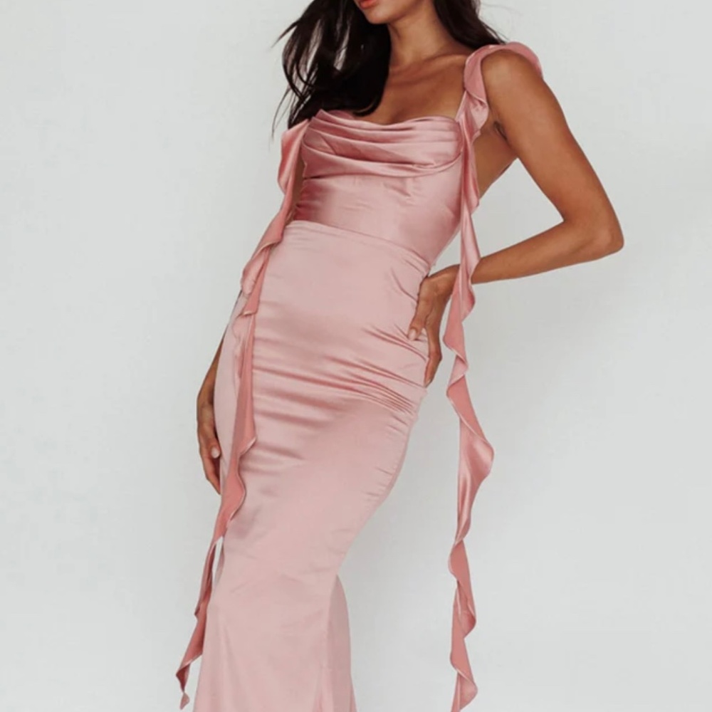 BLUSHING RUFFLE TRIM MIDI DRESS MAUVE